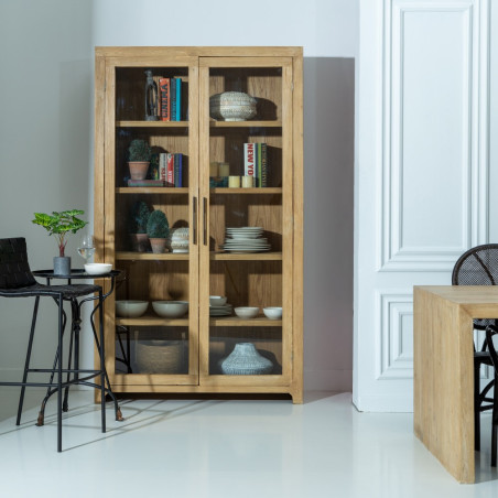 VITRINA NATURAL MADERA DE OLMO MODELO CELIA 122 X 44 X 210 CM